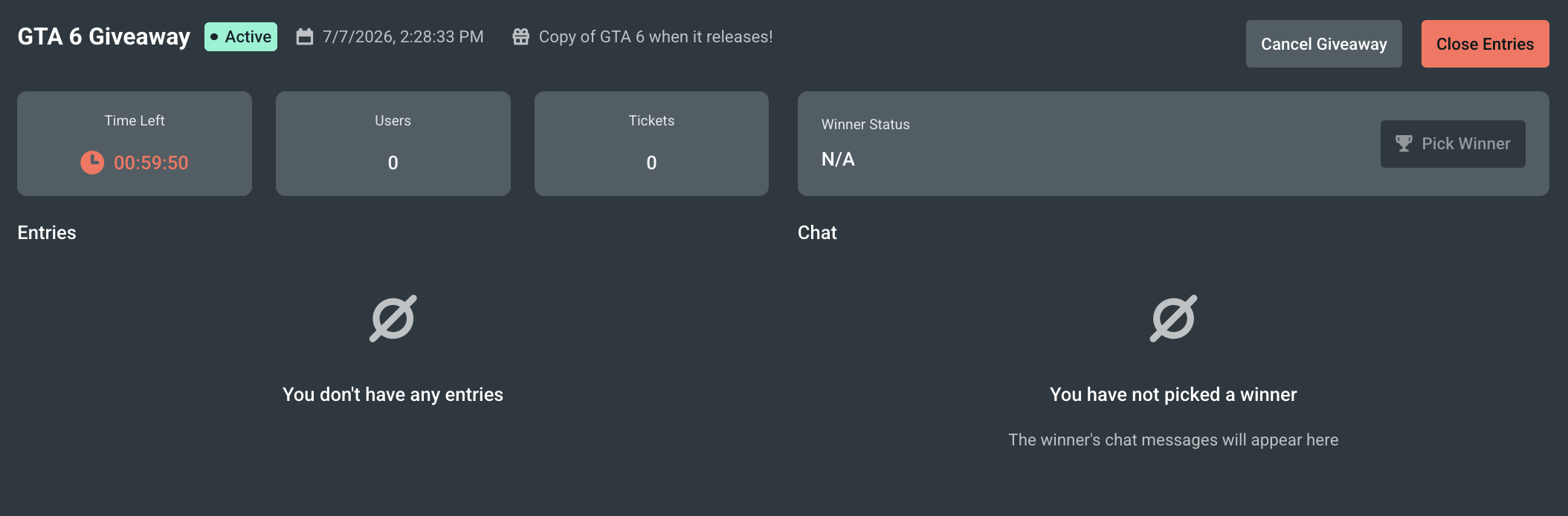 Example of what a Cloudbot giveaway looks like to the user who created it